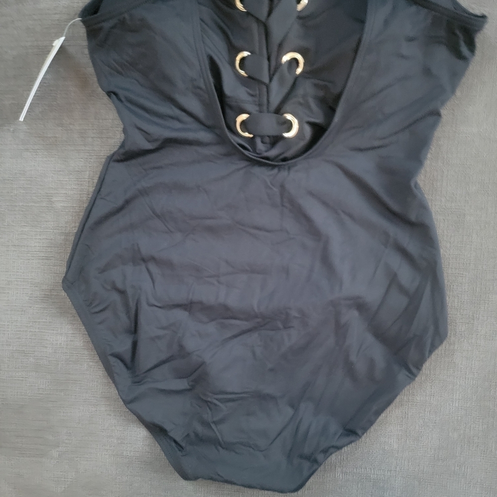 Michael Kors Women's Black Lace Up Gold Grommets One Piece Swimsuit Size 8 - Picture 6 of 13